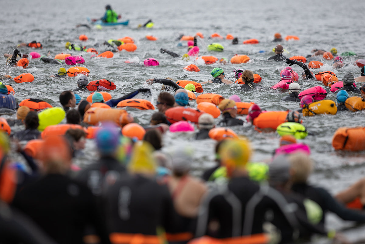 Wild swimmers in wetsuits swimming across a lake