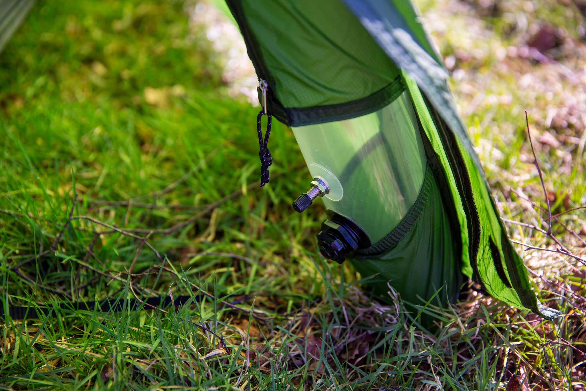 Detail of inflatable pole technology in lightweight one person backpacking tent