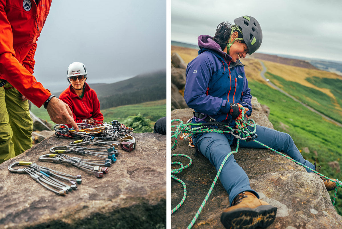 Setting up a belay at the top of a gritstone climb