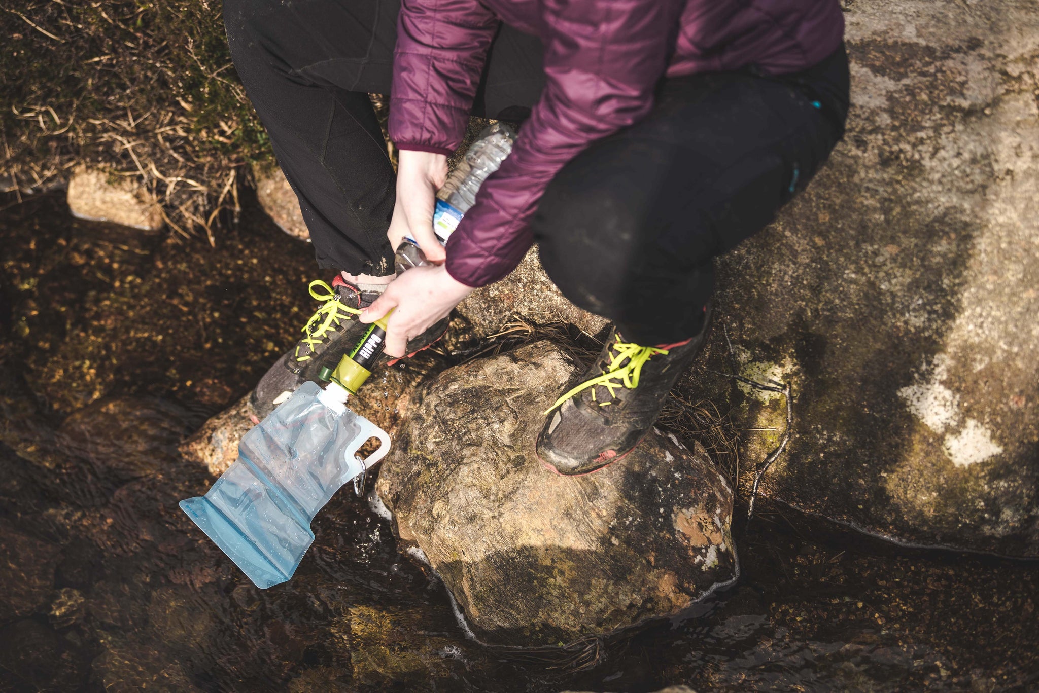 Using a Hippo water filter on a backpacking trip