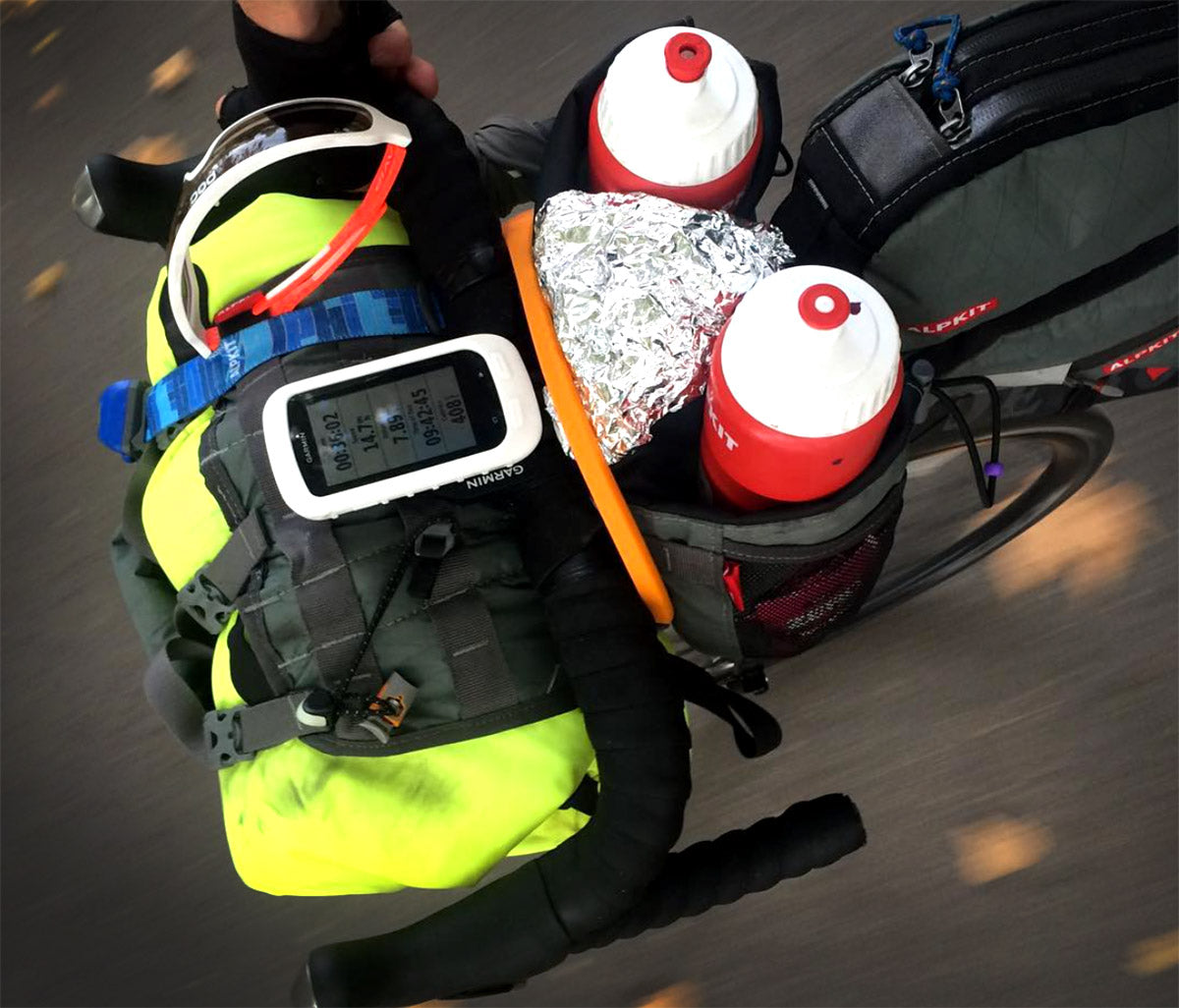 Bikepacking cockpit set up with water bottles