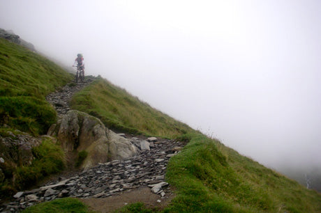 Bikepackers descend Snowdon on fully rigid mountain bikes