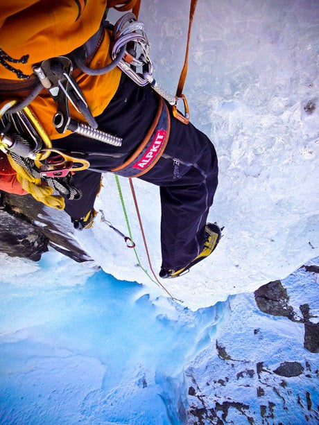 Looking down an icefall from a belay while Ice climbing