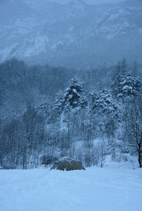 Winter camping in deep snow with a Alpkit geodesic base camp tent