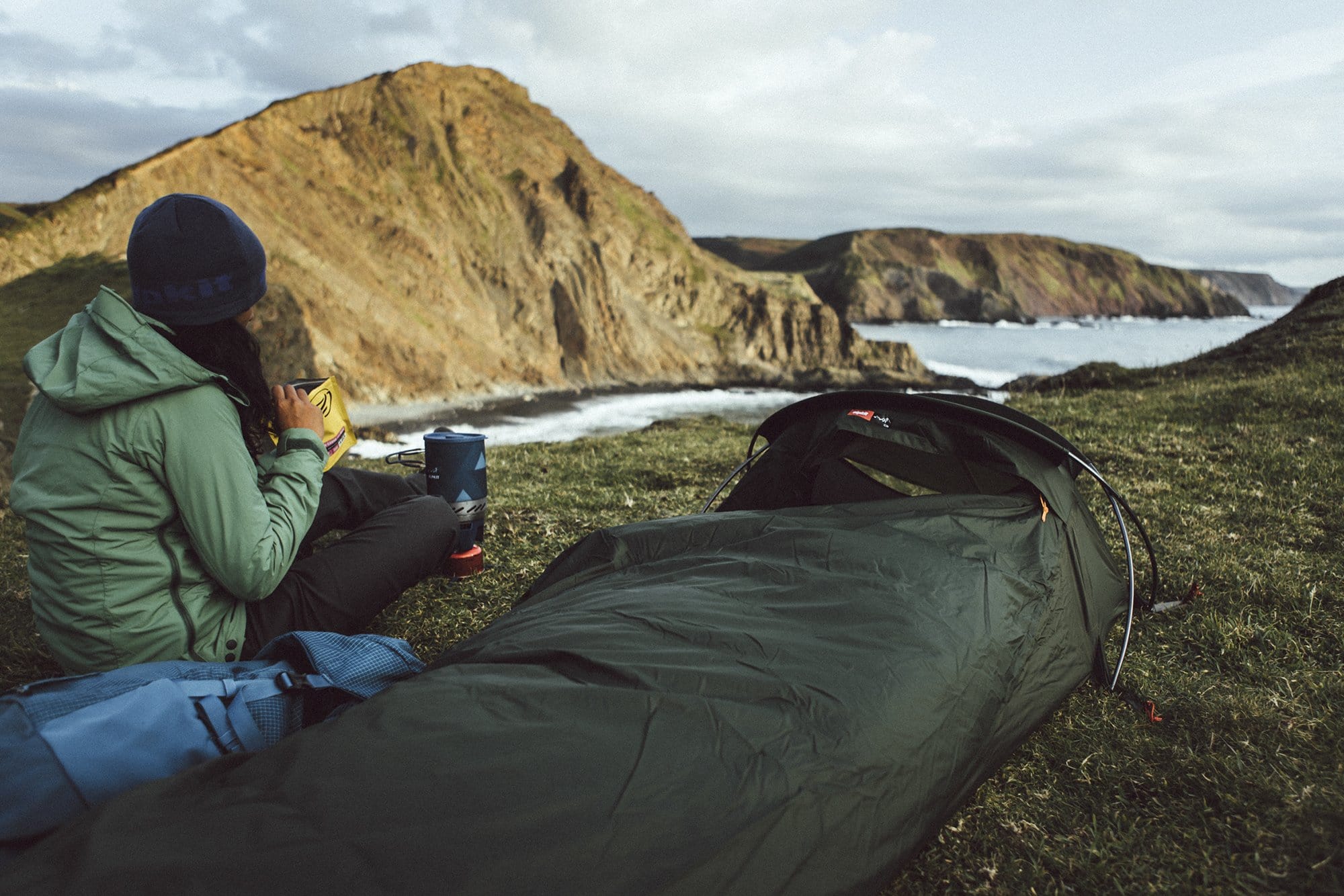 elan hooped bivvy bag on devon coast