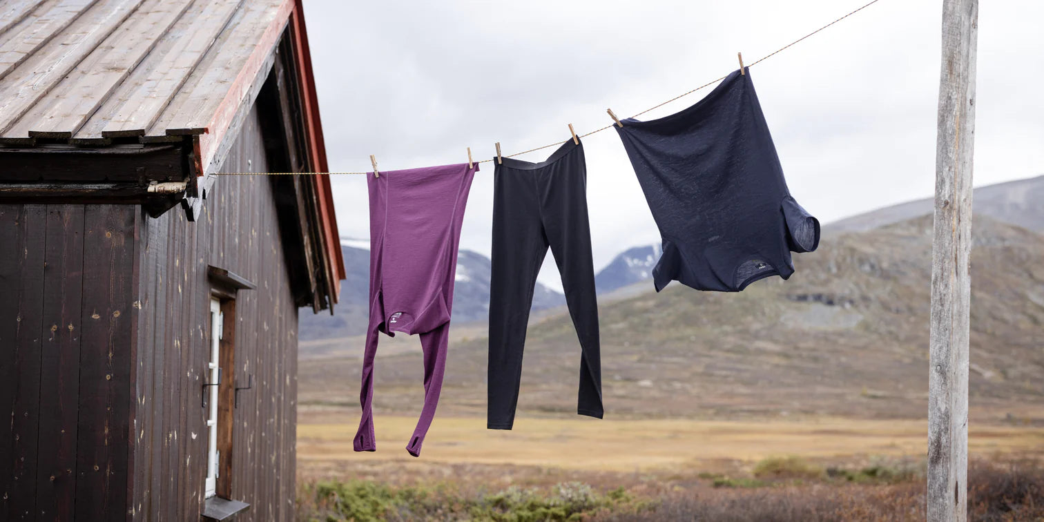 Lightweight expedition clothing drying in the wind