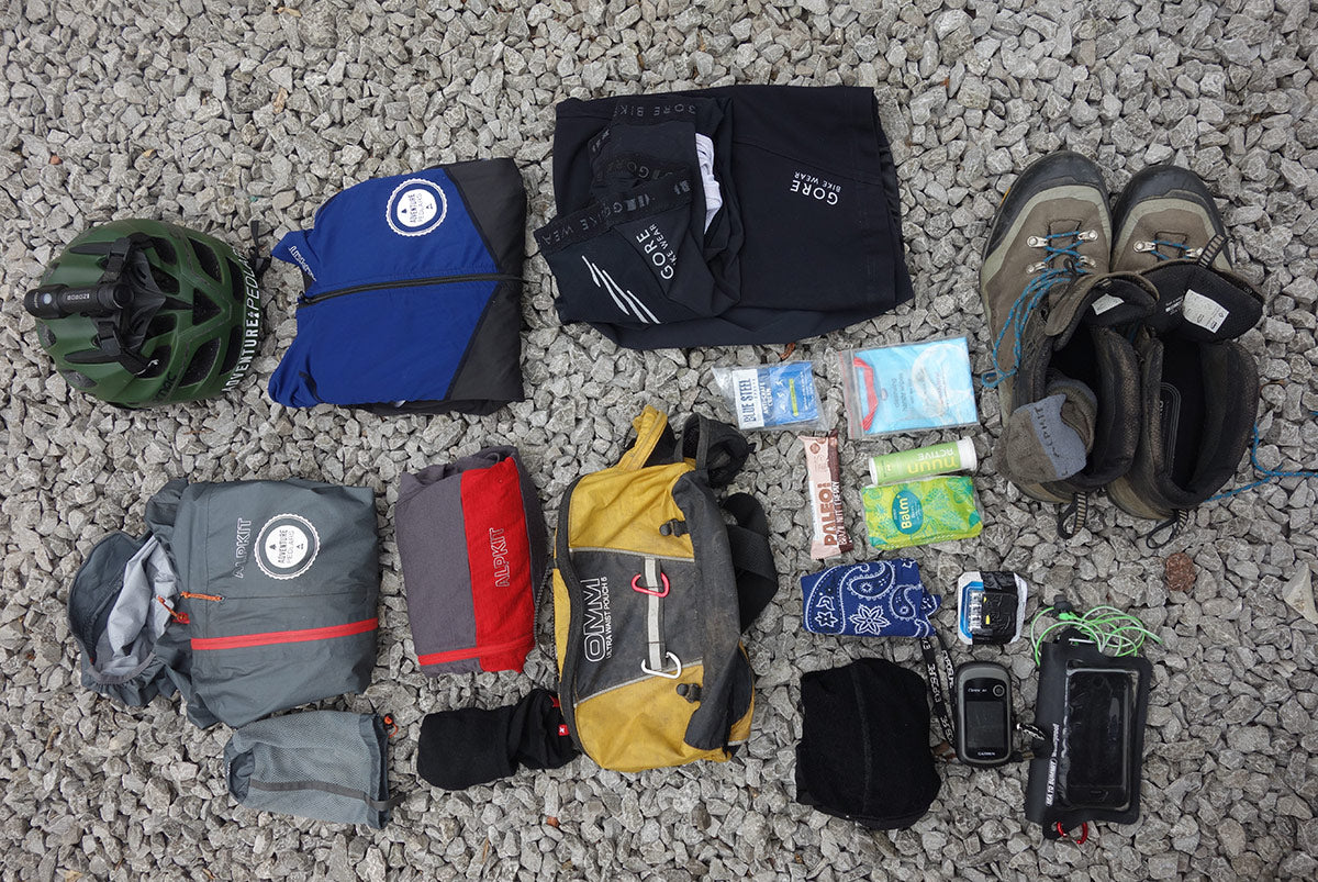 Pete McNeil's Hightland Trail 550 Bikepacking Kit flatlay