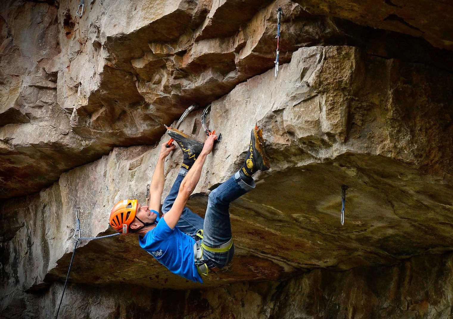 Overhanging drytooling in North Wales