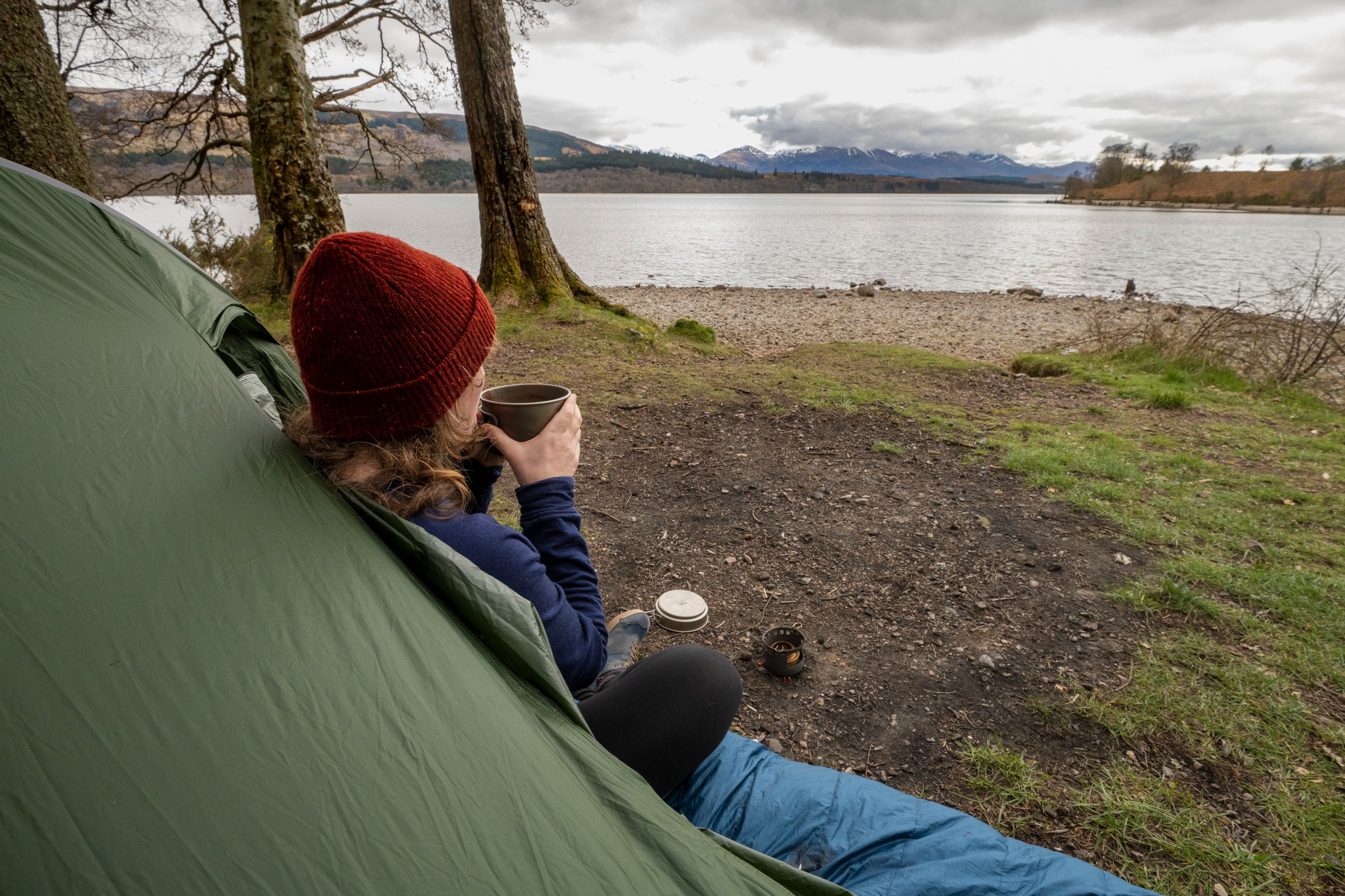 Jenny Graham bikepacking tent with water in background