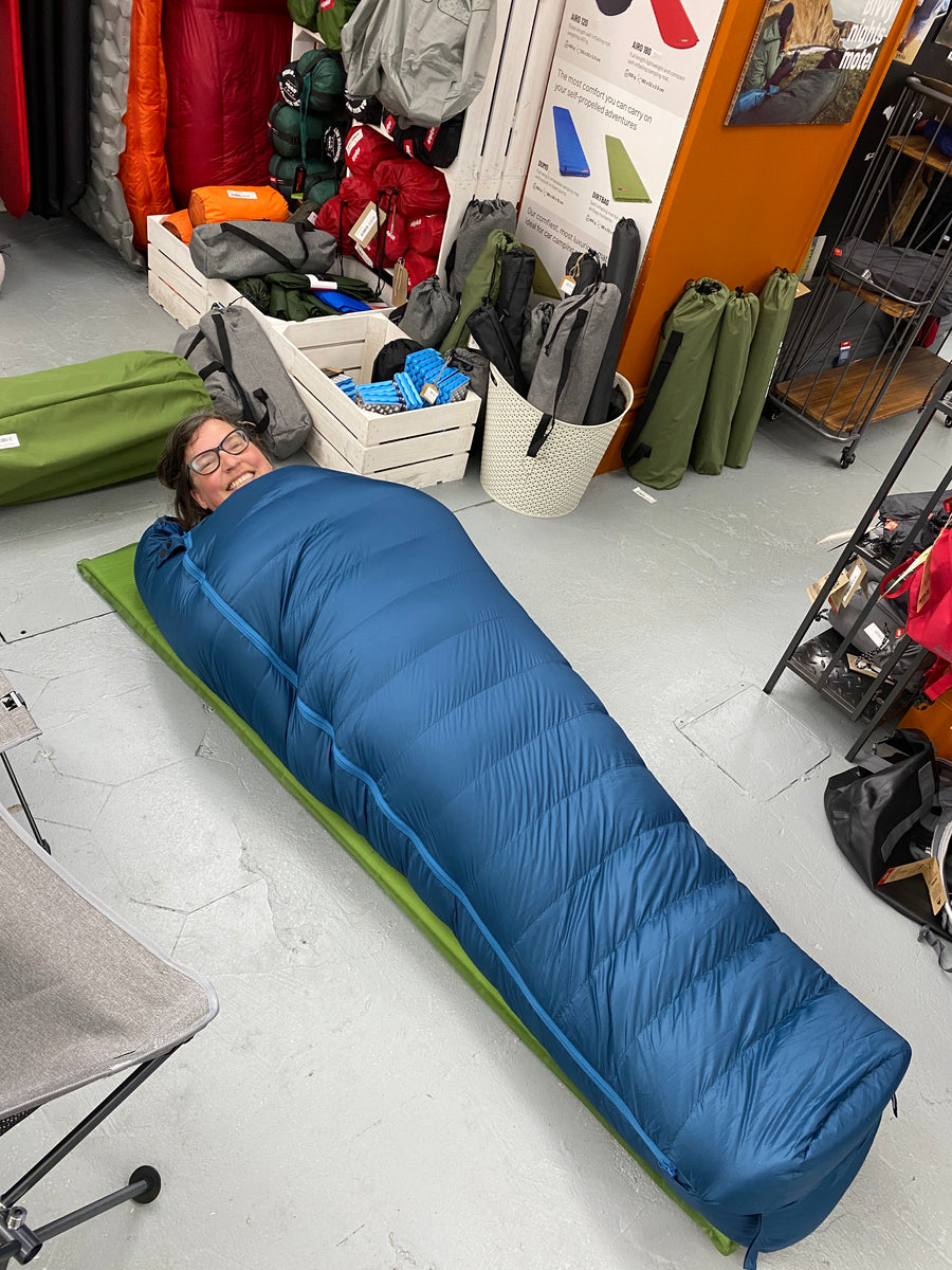 Steph trying a size inclusive sleeping bag