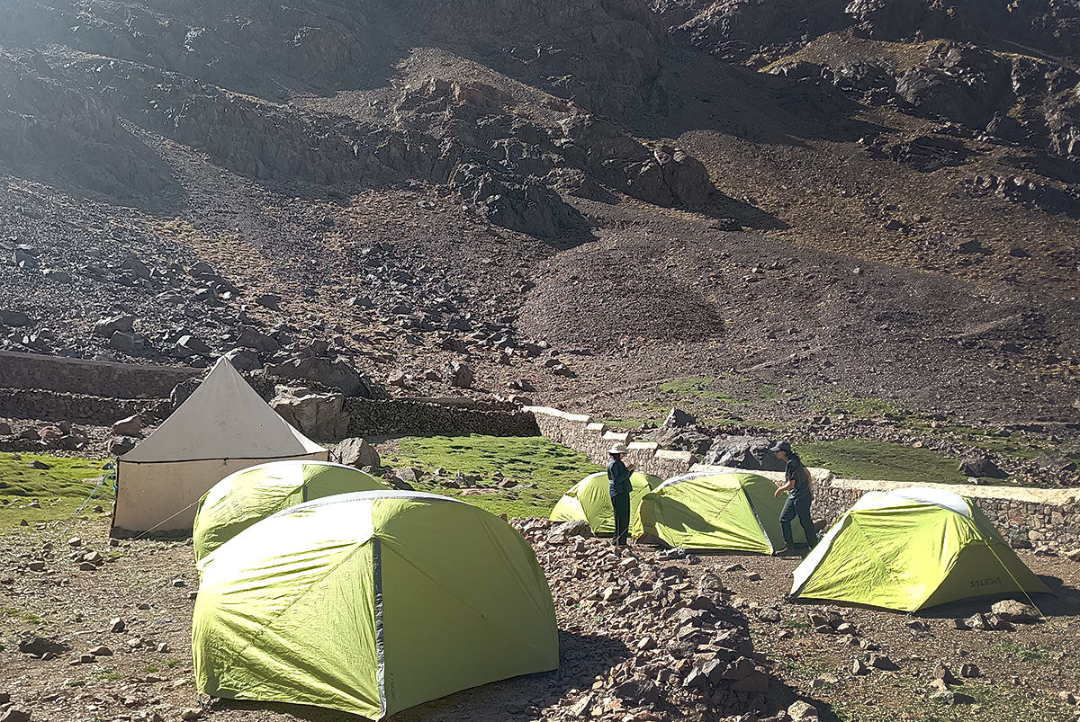 Tents set up at Toubkal mountain camp