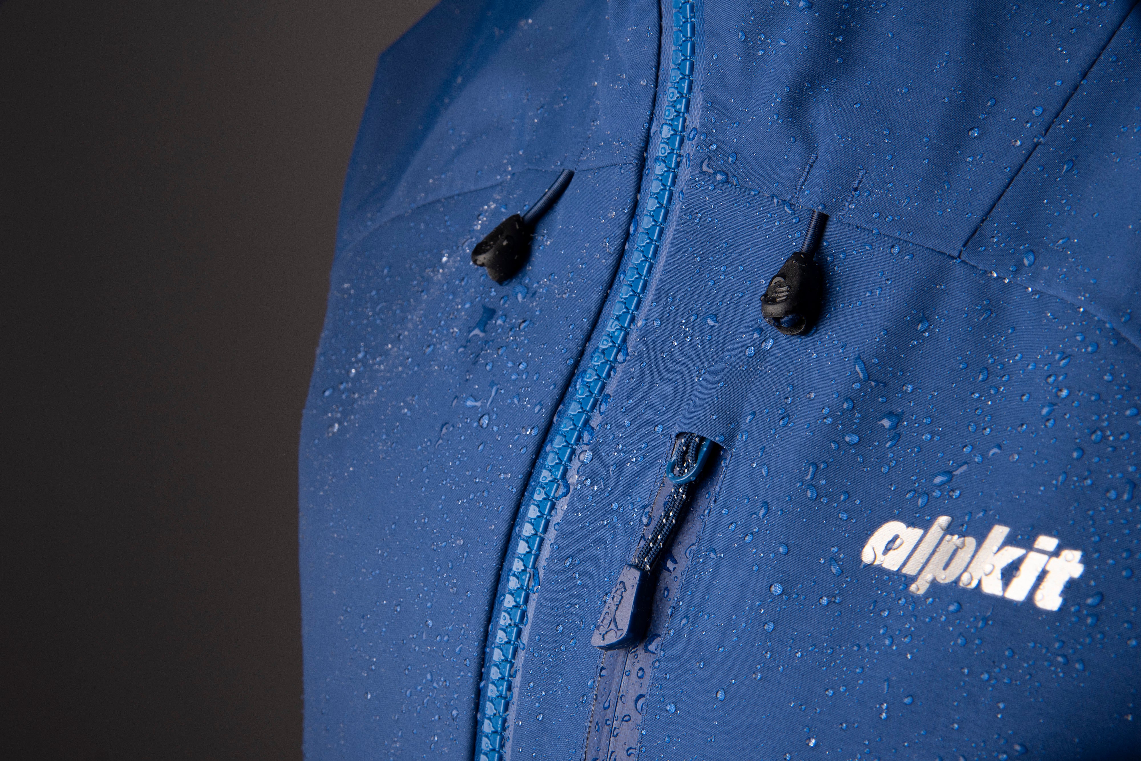 A close-up shot of water beading on the Definition PFC free mountaineering waterproof jacket