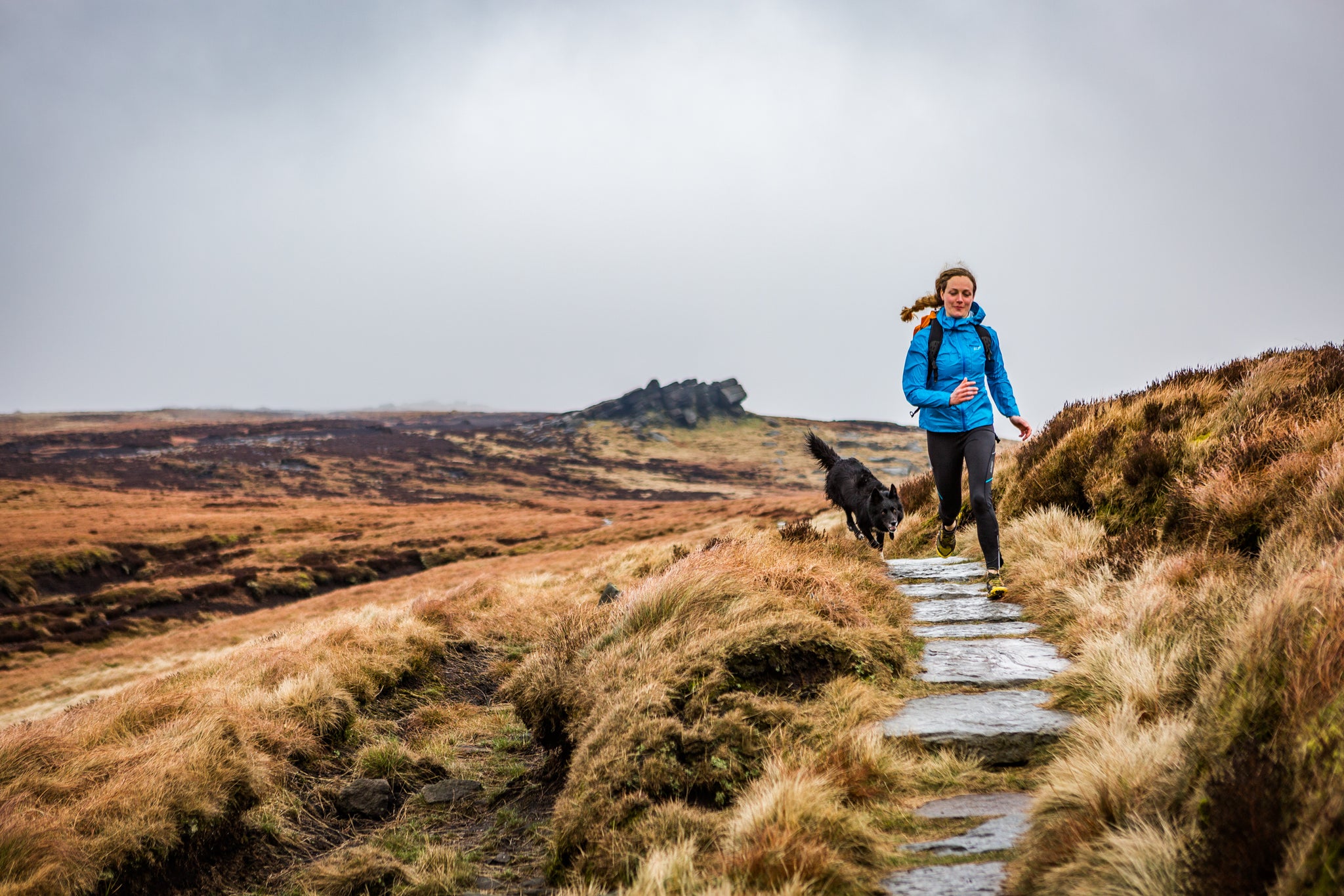 Running in the Peak District on flagstones in Winter