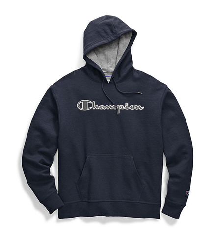 Champion Men's Powerblend Fleece Pullover Hoodie Chainstitch Outline Logo Navy