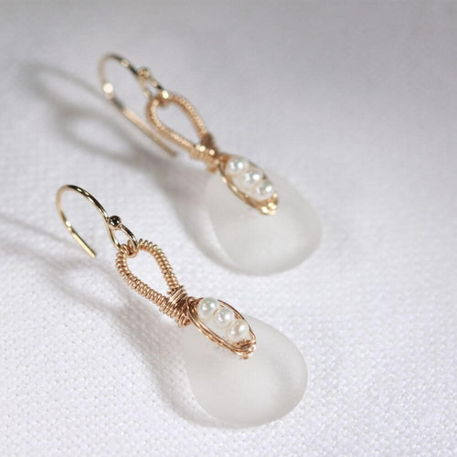 White Genuine Sea Glass Earrings On Gold With Shell Charms (GFE23-20)