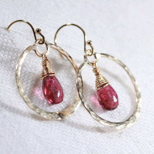 Tourmaline, Pink briolette gemstones and Hammered Hoop Earrings in 14 kt Gold Filled