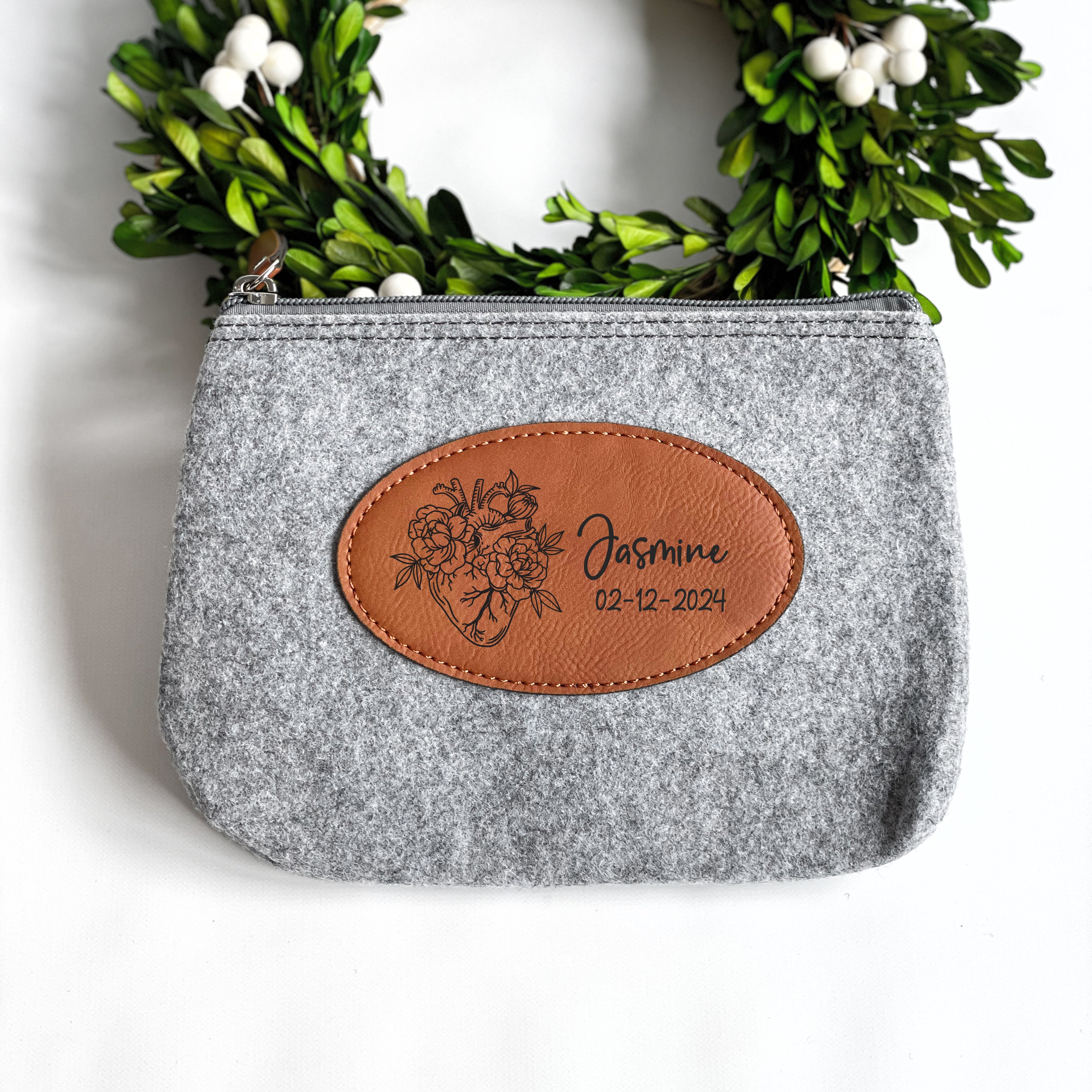 Laser-engraved custom accessories bag for travel essentials, floral anatomical heart, on-the-go zippered pouch, carry-on, Heart Transplant Awareness and Support