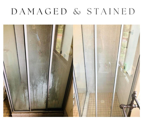 Damaged and stained glass before and after