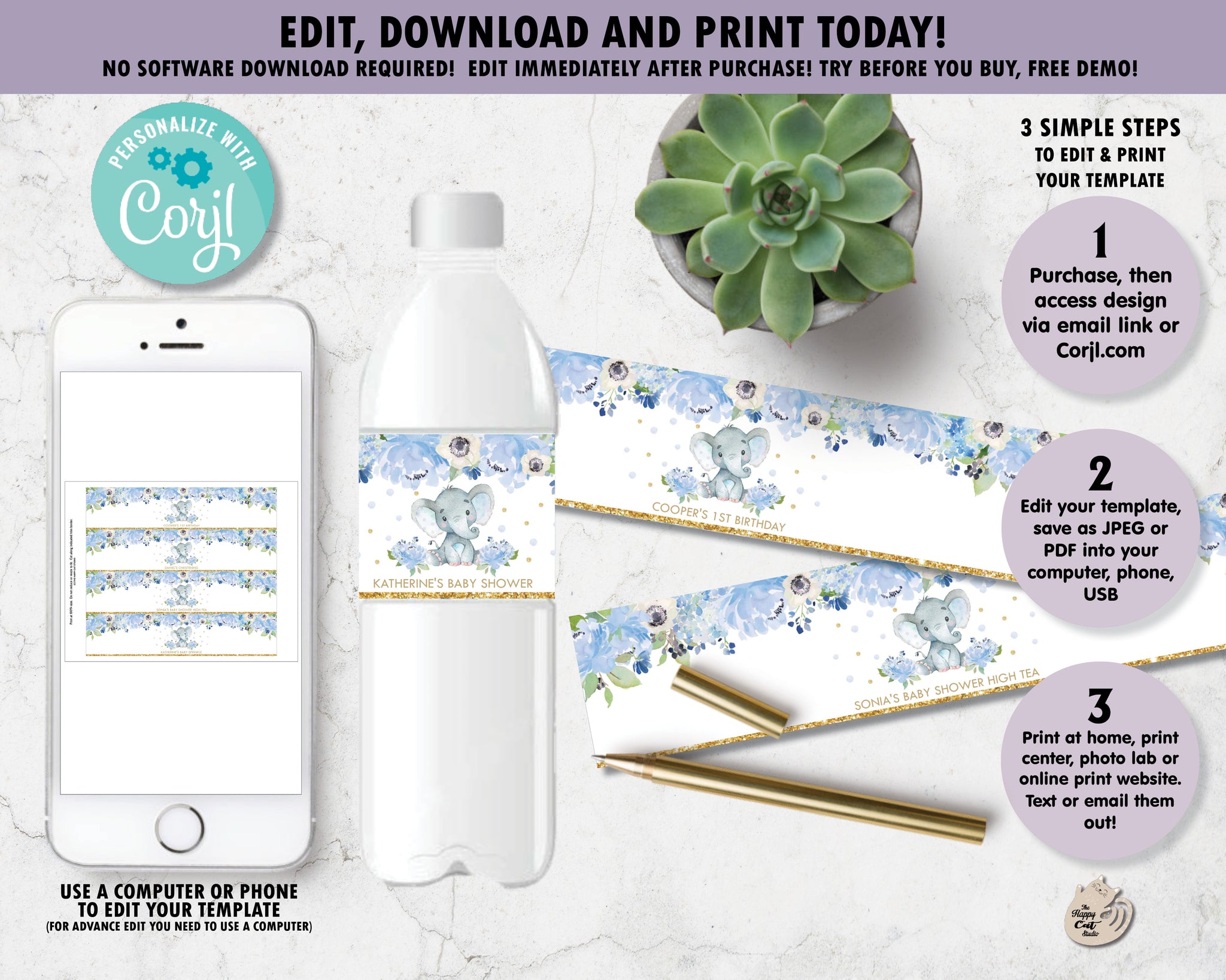 Blue Floral Elephant Water Bottle Labels - Instant EDITABLE TEMPLATE - EP22 Within Free Water Bottle Labels For Baby Shower Template