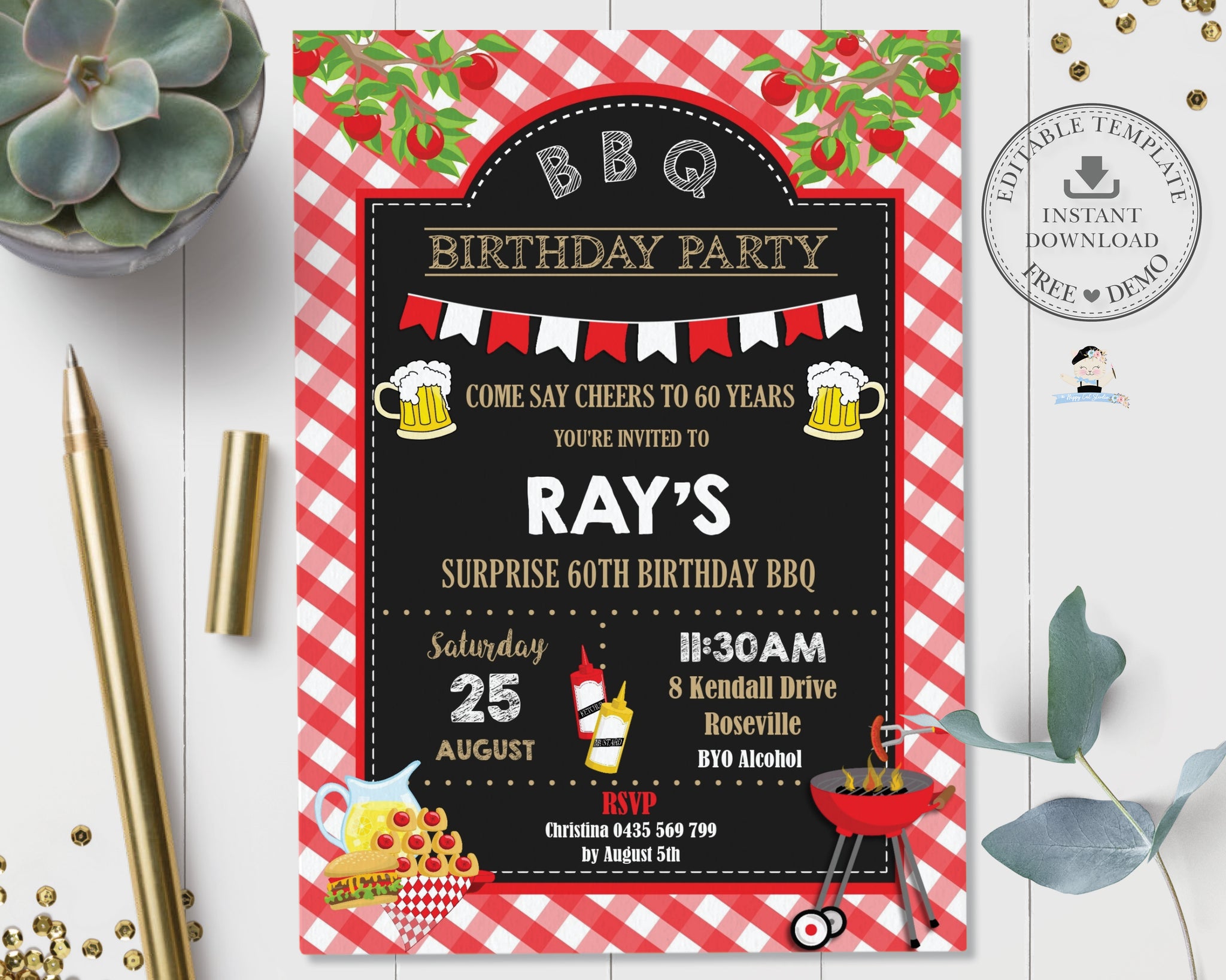 Backyard Bbq Birthday Party Invitation Editable Template Instant Dow The Happy Cat Studio