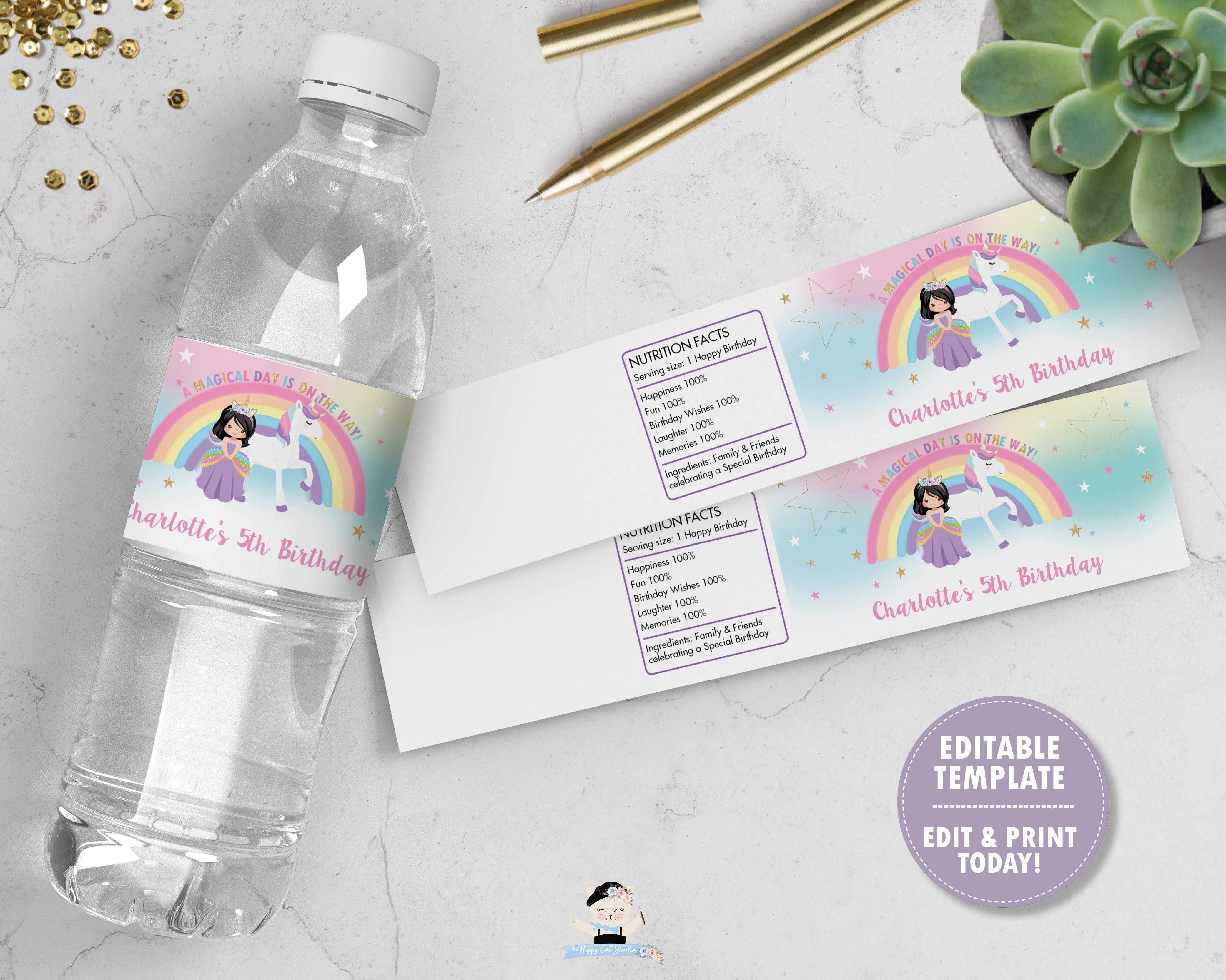 black hair princess and unicorn birthday party water bottle label stic the happy cat studio
