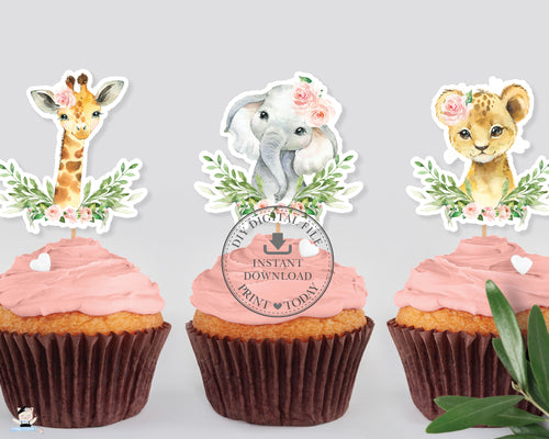 Jungle Animals Greenery Birthday Baby Shower Cake Topper Digital