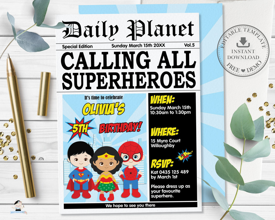 Superhero Boys Girls Daily Planet Newspaper Style Invitation Editable The Happy Cat Studio