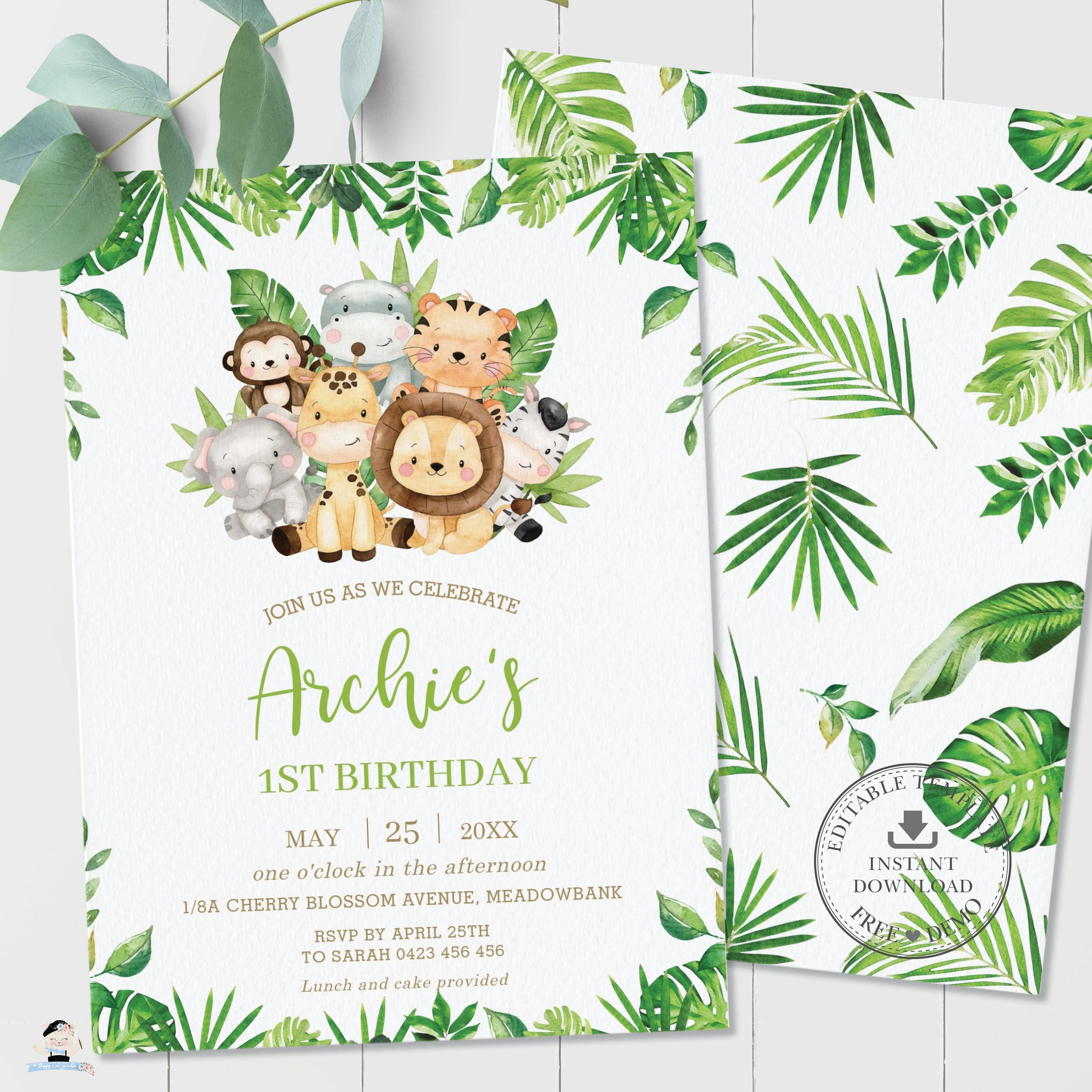 Cute Greenery Jungle Animals Safari Birthday Invitation - Editable Tem