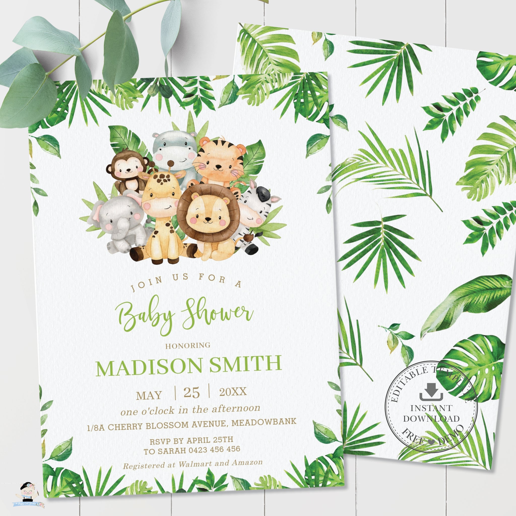 Cute Greenery Jungle Animals Safari Baby Shower Invitation Editable The Happy Cat Studio