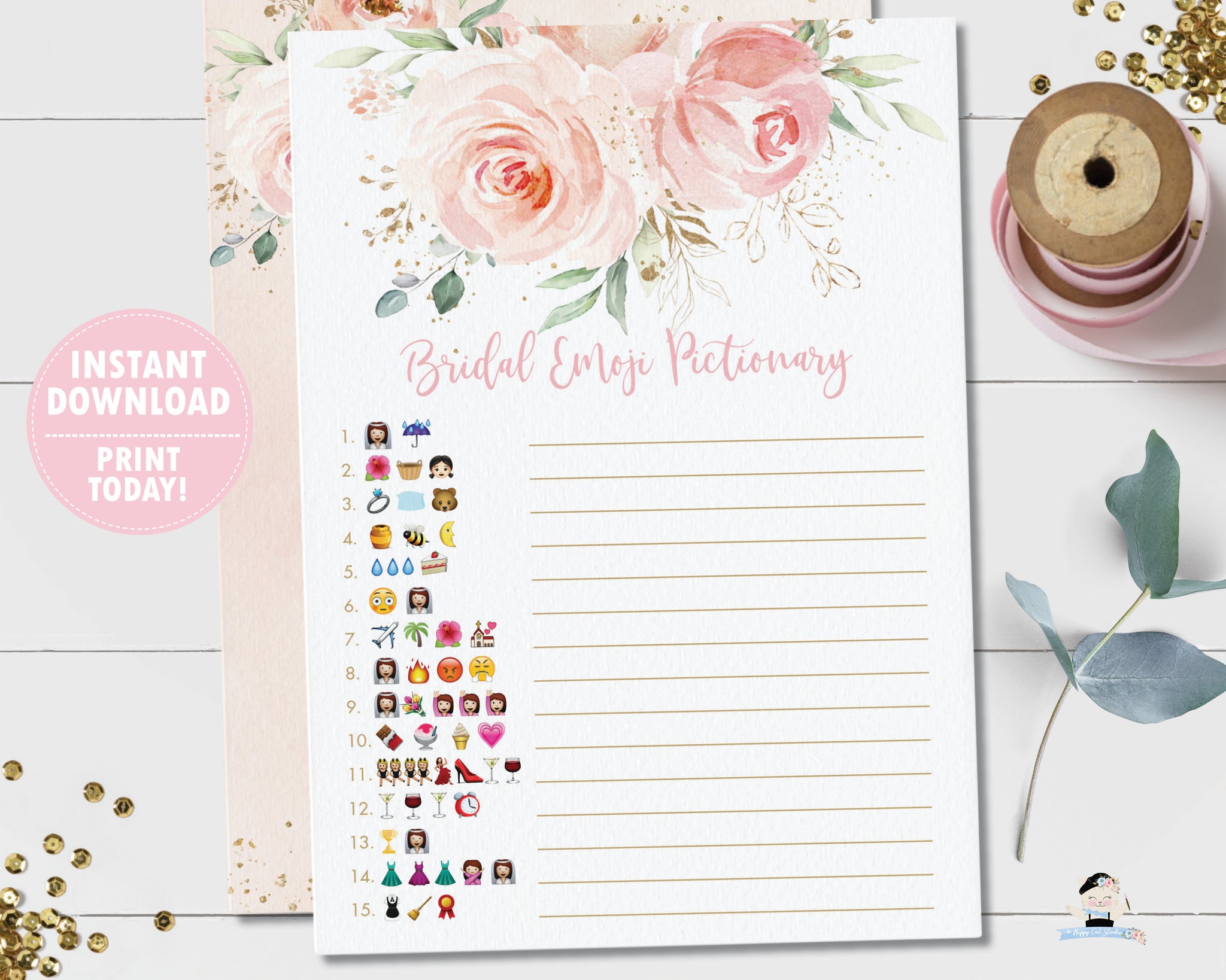 Chic Blush Pink Floral Gold Bridal Shower Emoji Pictionary Game Inst The Happy Cat Studio
