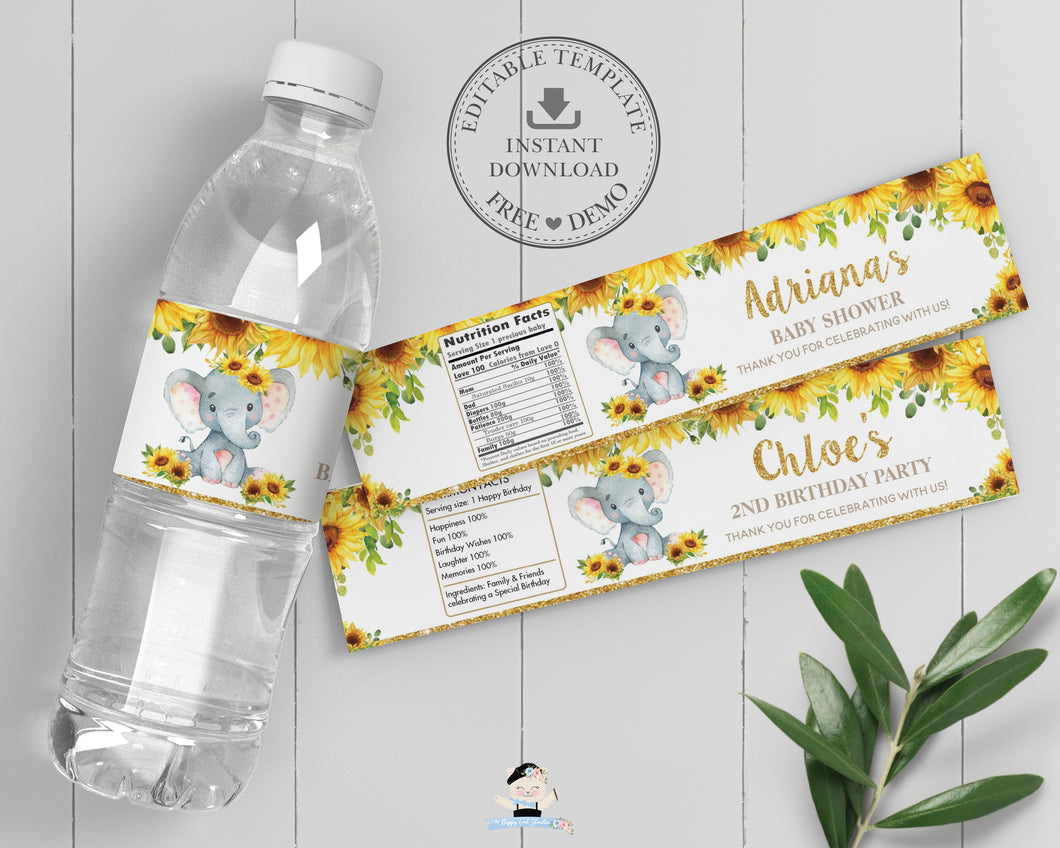 Chic Sunflower Elephant Water Bottle Labels Editable Template Baby Regarding Birthday Water Bottle Labels Template Free