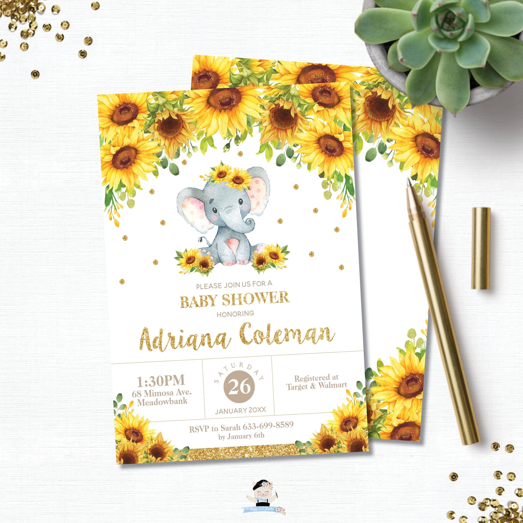 Download Sunflower Elephant Baby Shower Invitation Editable Template Digital The Happy Cat Studio