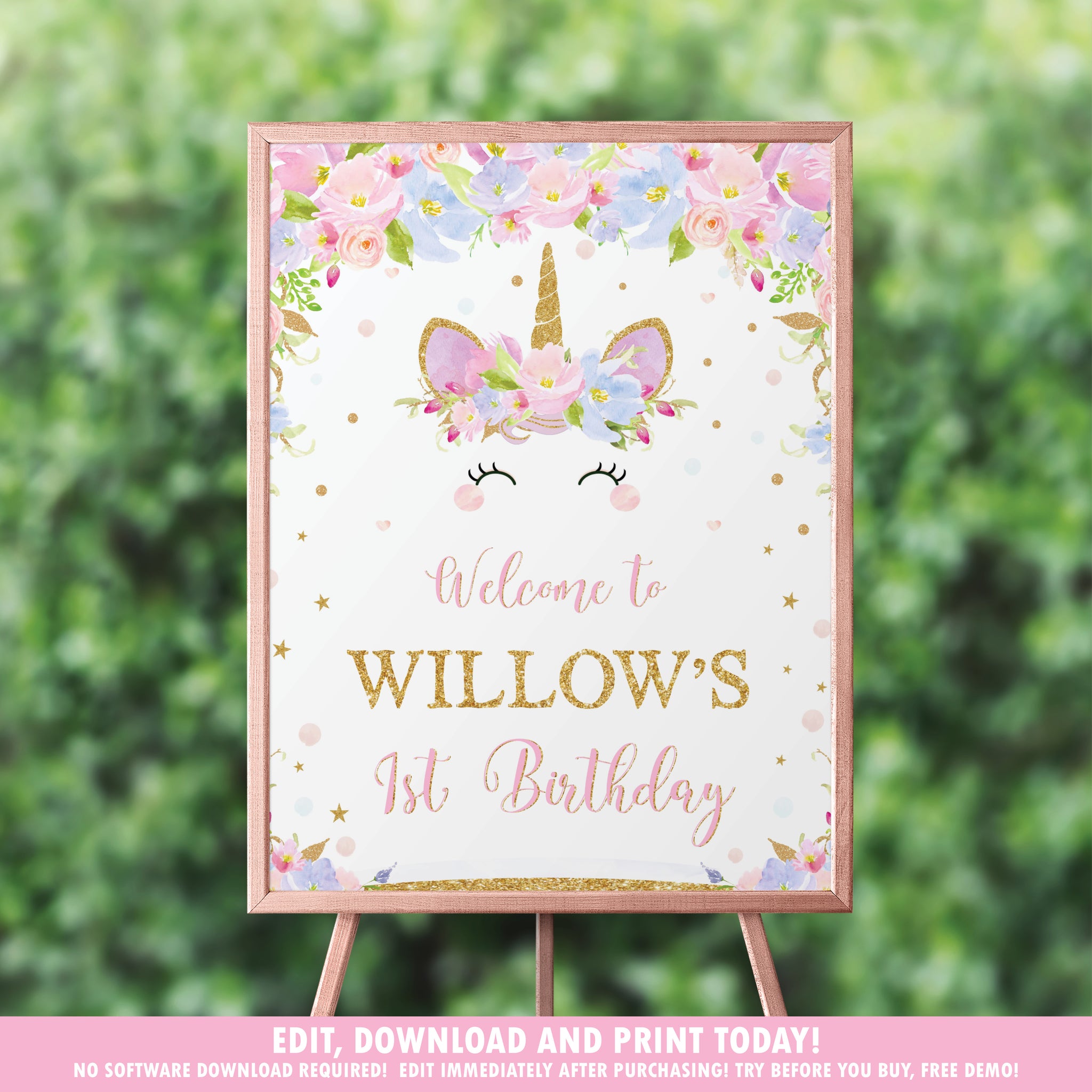 unicorn birthday party baby shower welcome sign poster editable te the happy cat studio