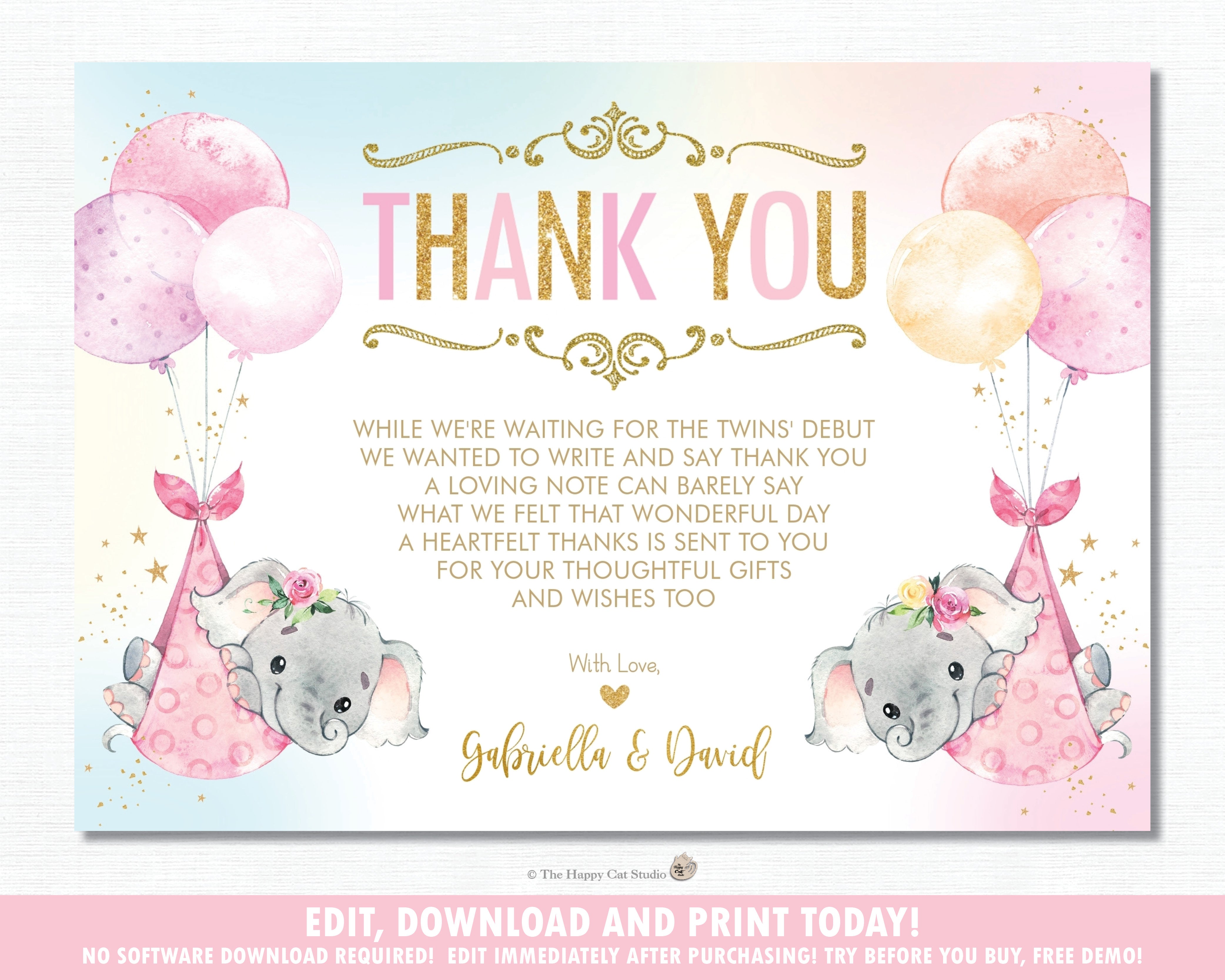 Whimsical Twin Girls Elephant Baby Shower Personalized Thank You Note Card  Editable Template - Digital Printable File - EP22 Pertaining To Thank You Card Template For Baby Shower