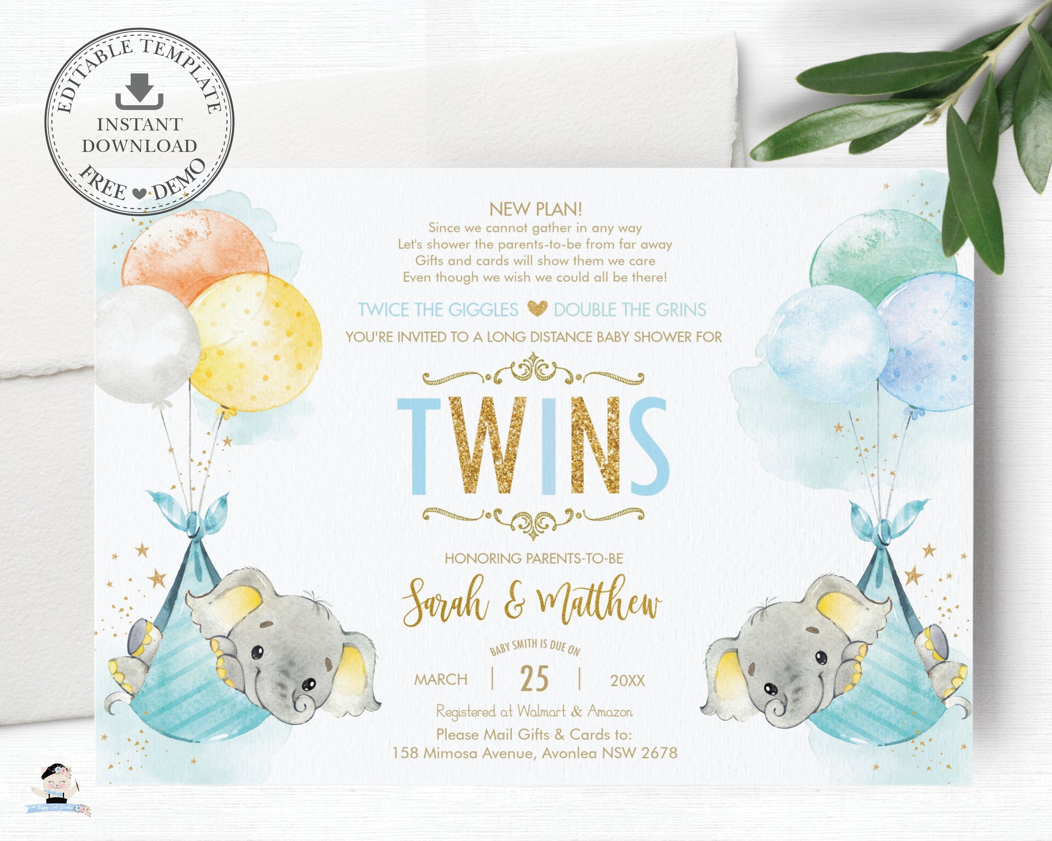 twin elephant baby shower invitations