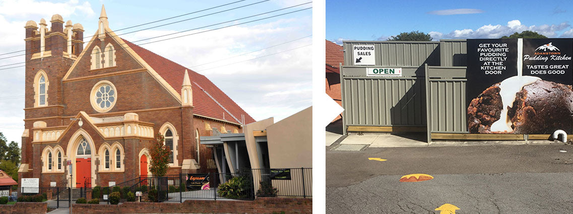 Adamstown Uniting Church and entrance to the Pudding Kitchen.