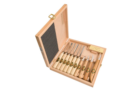 Wood carving tool set in a wooden box