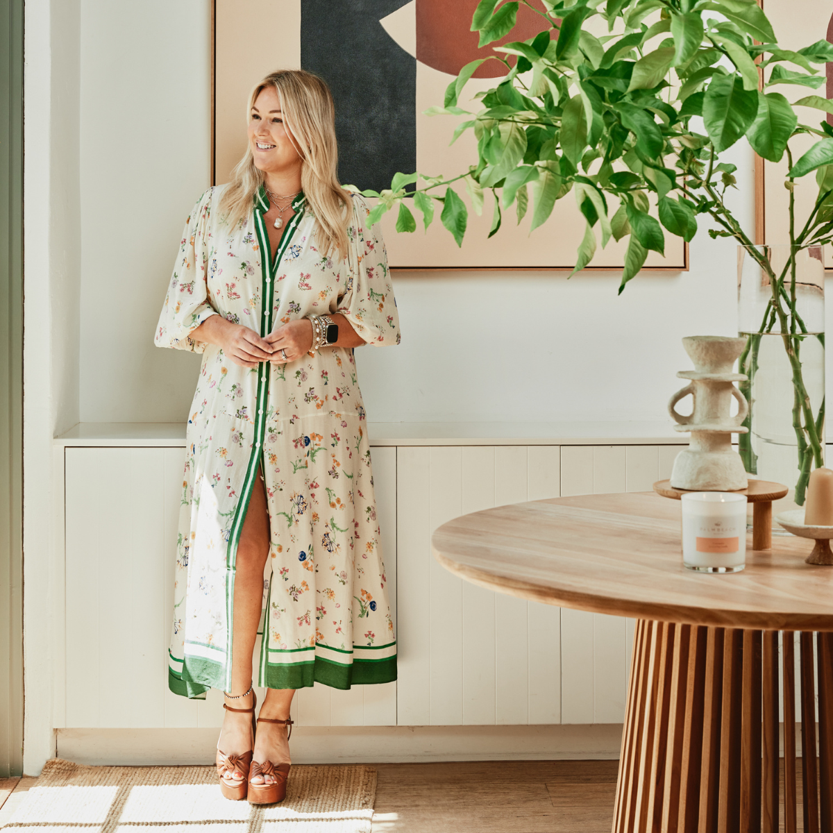 Emily Berlach, owner of Bohemian Traders at home with Palm Beach Collection