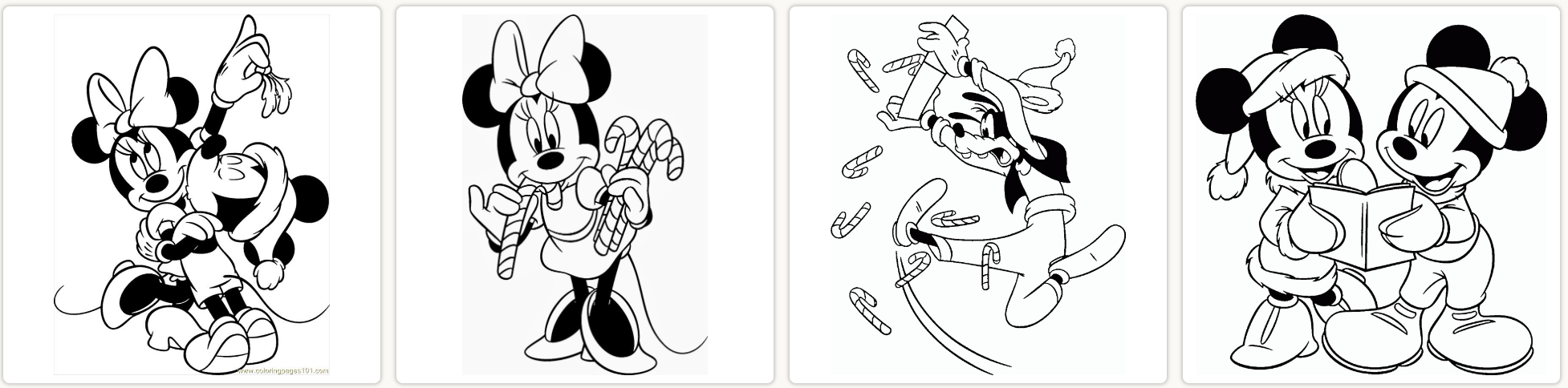 4 Examples of Minnie Mouse Christmas themed coloring pages.