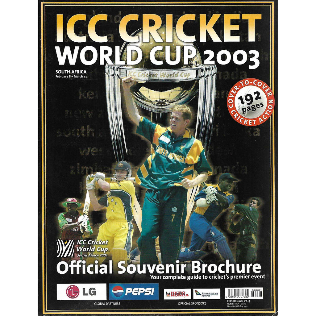 Publisher Not Indicated 2003 Isbn 9781919707389condition Very Good Binding Softcoverpages 192dimensions 27 4 X 21 X 0 8cmsku Iz0738weight 0 55kgprice R60 00 Icc Cricket World Cup 2003 Official Souvenir Brochure Book Cricket South