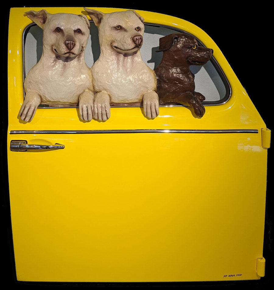 2 Yellow Labs and a Chocolate Lab in a Yellow VW Door dd larue dog door