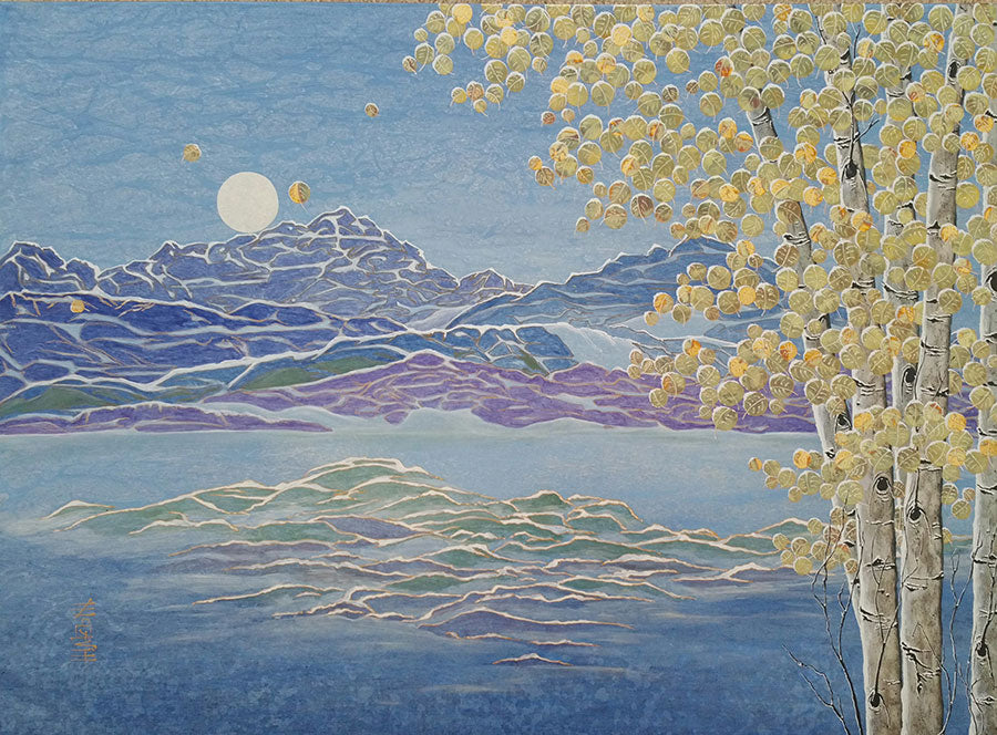 Full Moon On The First Snow original mountain landscape painting by artist Kate McCavitt