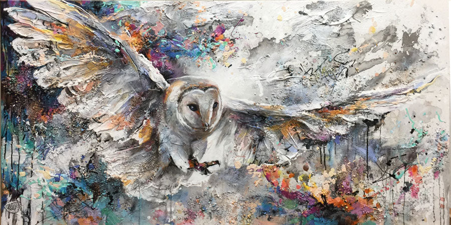 Vibrant Skies original owl painting by artist Miri Rozenvain