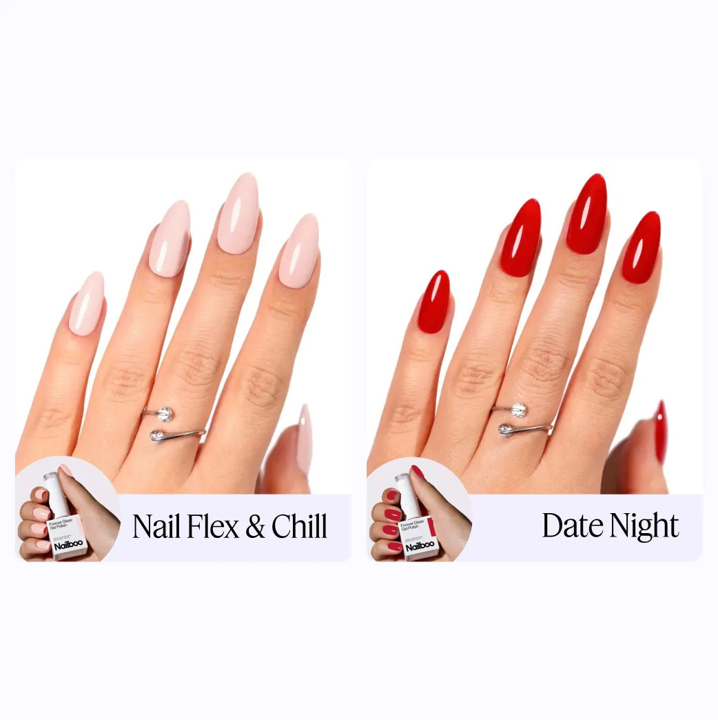 Two manicured hands with pink and red nail polish, labeled 'Nail Flex & Chill' and 'Date Night.'