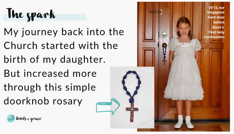 Photo of Knots of Grace owner's daughter with the original door rosary that sparked Kathleen's journey back to God