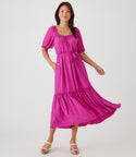 Tiered Pocketed Scoop Neck Puff Sleeves Sleeves Polyester Dress With Ruffles