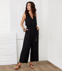 V-neck Belted Beaded Pocketed Jumpsuit