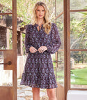 Tall General Print Crinkled Tiered Embroidered Elasticized Waistline Sheer Long Sleeves Dress
