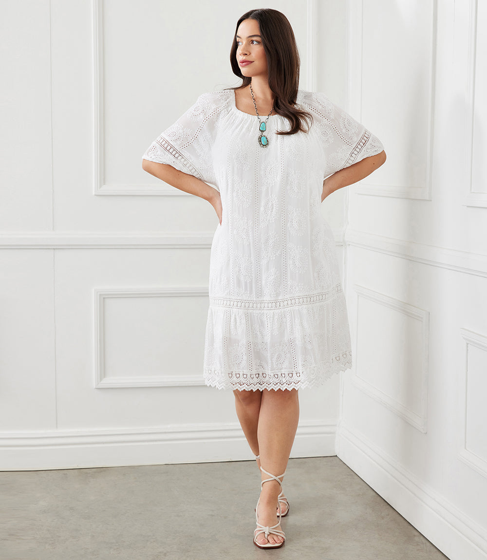 Karen Kane Women's Plus Size Short Sleeve Embroidered Dress,  3X,  Off White,  100% Viscose