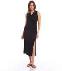 Petite V-neck Faux Wrap Slit Draped Sleeveless Midi Dress